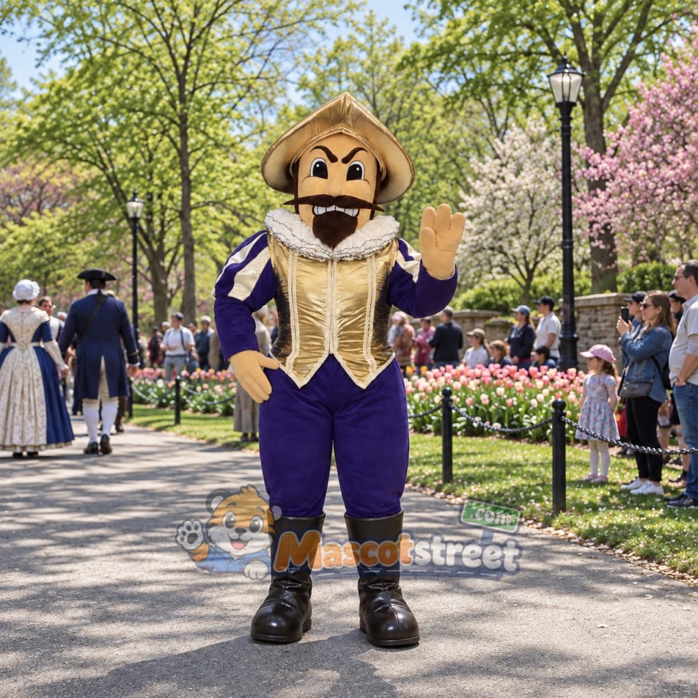Conquistador Mascot Costume with Gold Armor and Purple Outfit Conquistador Mascot Costume with Gold Armor and Purple Outfit