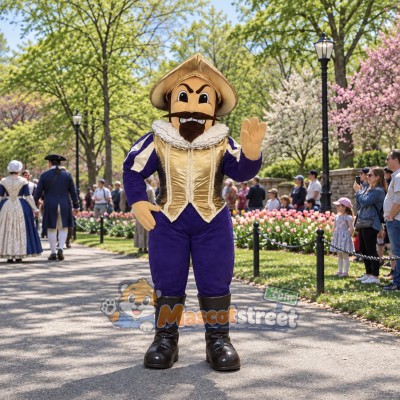 Conquistador Mascot Costume with Gold Armor and Purple Outfit Conquistador Mascot Costume with Gold Armor and Purple Outfit