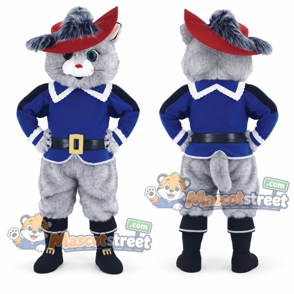 Gray Cat Mascot Costume with Blue Coat and Feathered Hat