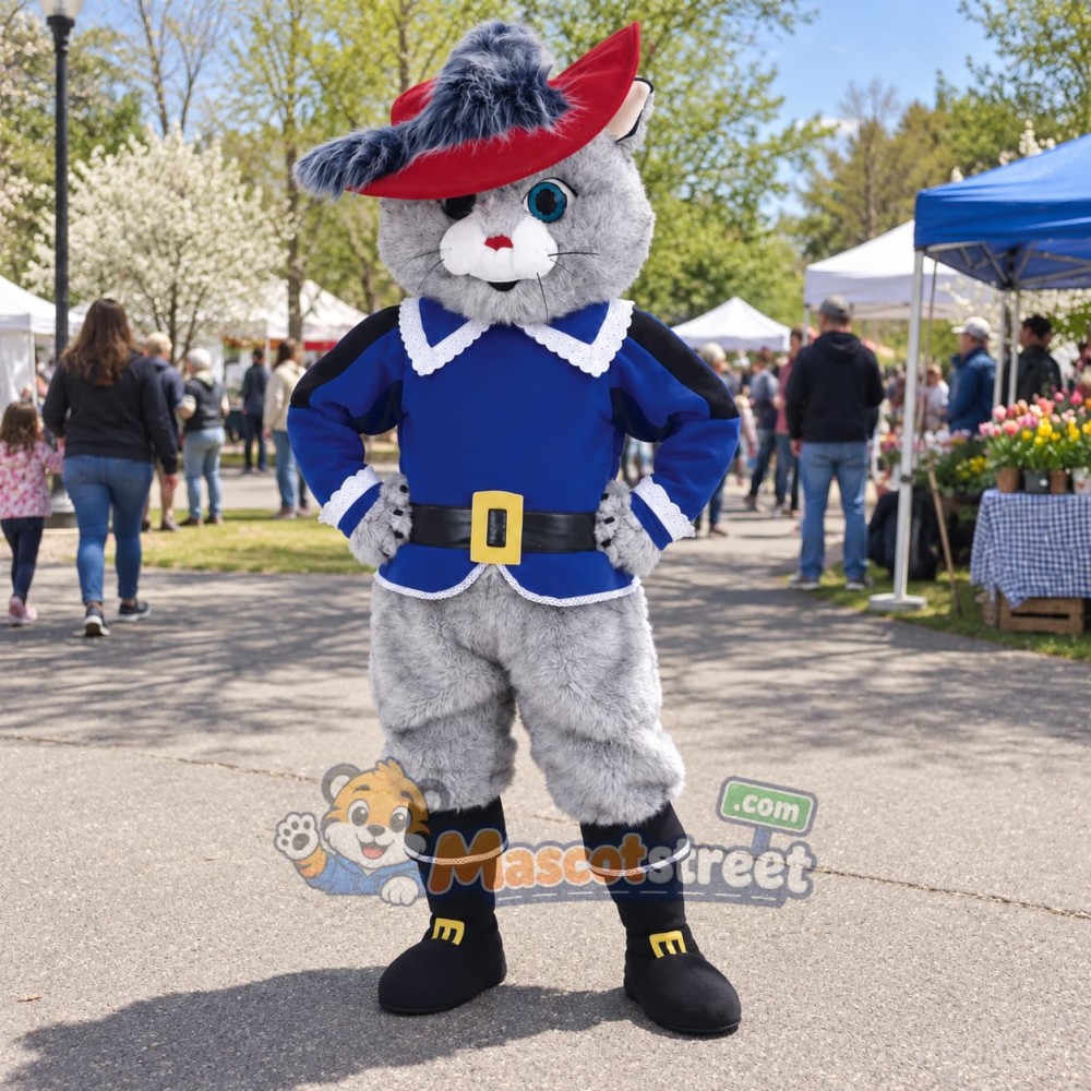 Gray Cat Mascot Costume with Blue Coat and Feathered Hat