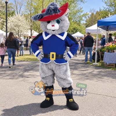 Gray Cat Mascot Costume with Blue Coat and Feathered Hat