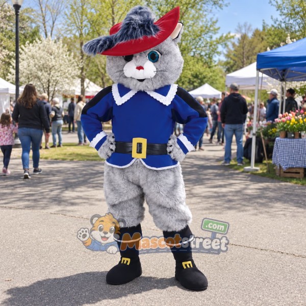 Gray Cat Mascot Costume with Blue Coat and Feathered Hat