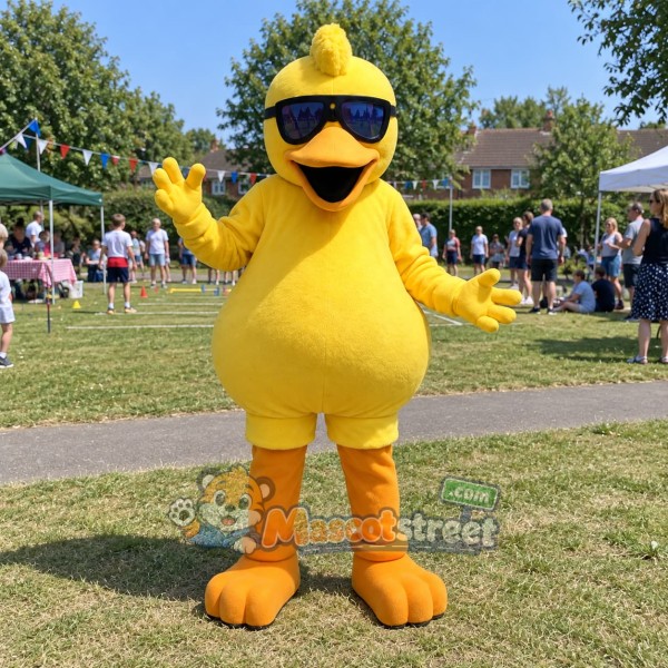 Yellow Chicken Mascot Costume with Yellow Cap and Sunglasses