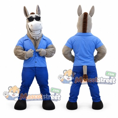 Gray Donkey Mascot Costume with Blue Shirt and Blue Pants