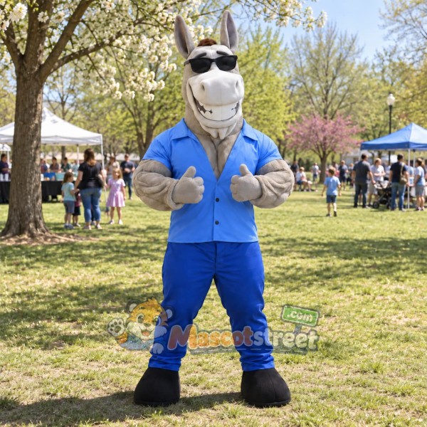 Gray Donkey Mascot Costume with Blue Shirt and Blue Pants