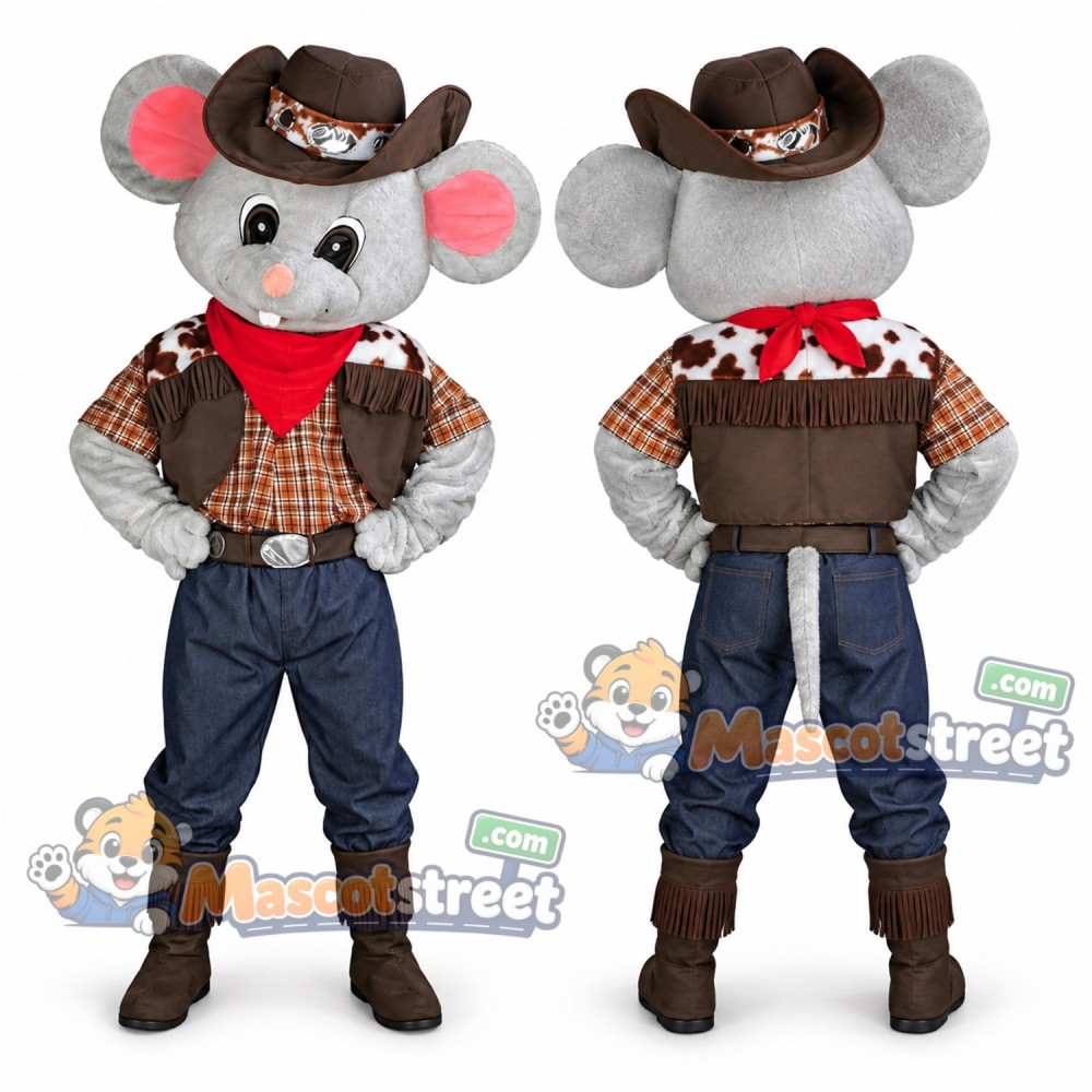Gray Mouse Cowboy Mascot Costume with Plaid Shirt and Brown Hat