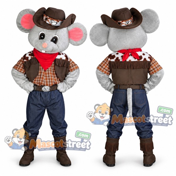 Gray Mouse Cowboy Mascot Costume with Plaid Shirt and Brown Hat