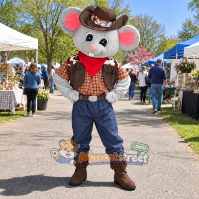 Gray Mouse Cowboy Mascot Costume with Plaid Shirt and Brown Hat