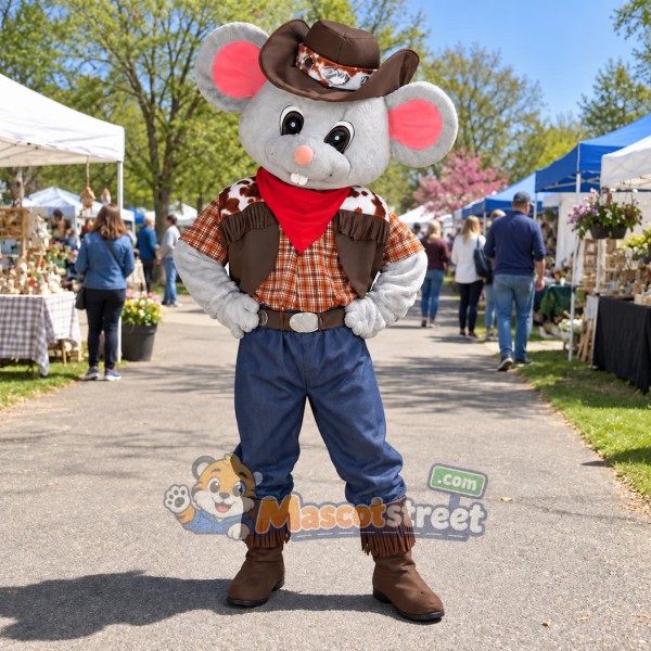 Gray Mouse Cowboy Mascot Costume with Plaid Shirt and Brown Hat