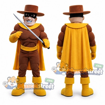 Masked Raider Mascot Costume with Brown Outfit and Yellow Cape