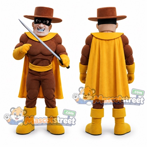 Masked Raider Mascot Costume with Brown Outfit and Yellow Cape