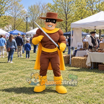 Masked Raider Mascot Costume with Brown Outfit and Yellow Cape