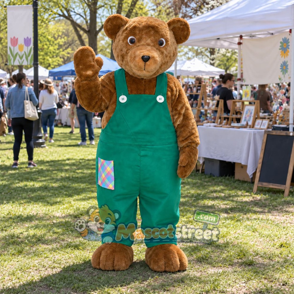 Brown Bear Mascot Costume with Green Overalls