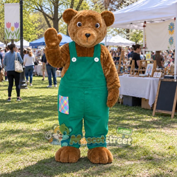 Brown Bear Mascot Costume with Green Overalls