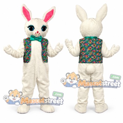 White Rabbit Mascot Costume with Floral Vest and Bow Tie White Rabbit Mascot Costume with Floral Vest and Bow Tie