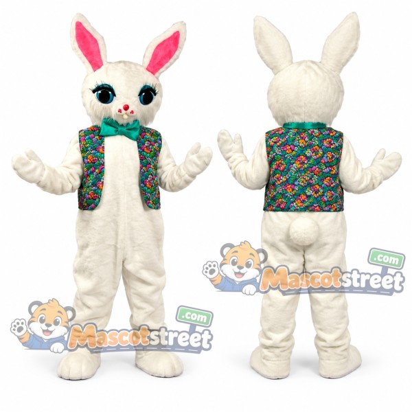 White Rabbit Mascot Costume with Floral Vest and Bow Tie
