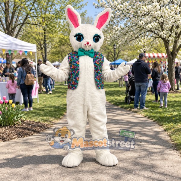 White Rabbit Mascot Costume with Floral Vest and Bow Tie