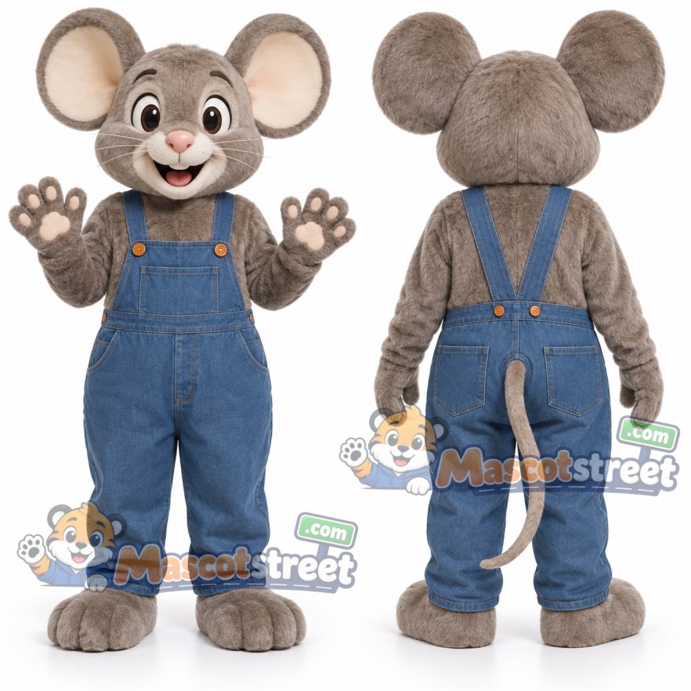 Gray Mouse Mascot Costume with Blue Overalls Gray Mouse Mascot Costume with Blue Overalls