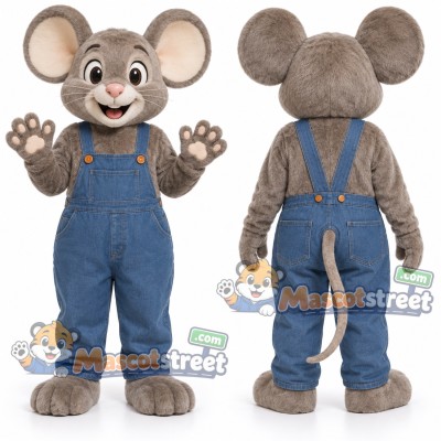 Gray Mouse Mascot Costume with Blue Overalls Gray Mouse Mascot Costume with Blue Overalls