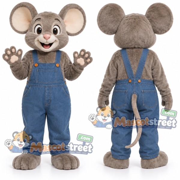 Gray Mouse Mascot Costume with Blue Overalls