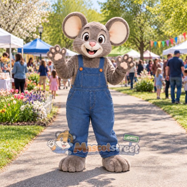 Gray Mouse Mascot Costume with Blue Overalls
