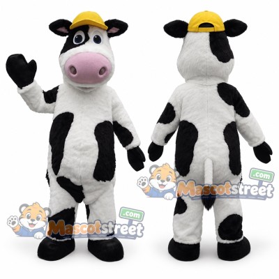 Black and White Cow Mascot Costume with Yellow Cap Black and White Cow Mascot Costume with Yellow Cap