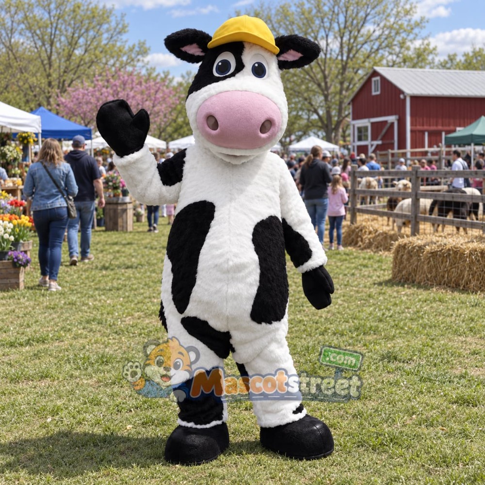 Black and White Cow Mascot Costume with Yellow Cap Black and White Cow Mascot Costume with Yellow Cap