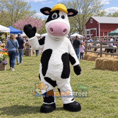 Black and White Cow Mascot Costume with Yellow Cap Black and White Cow Mascot Costume with Yellow Cap