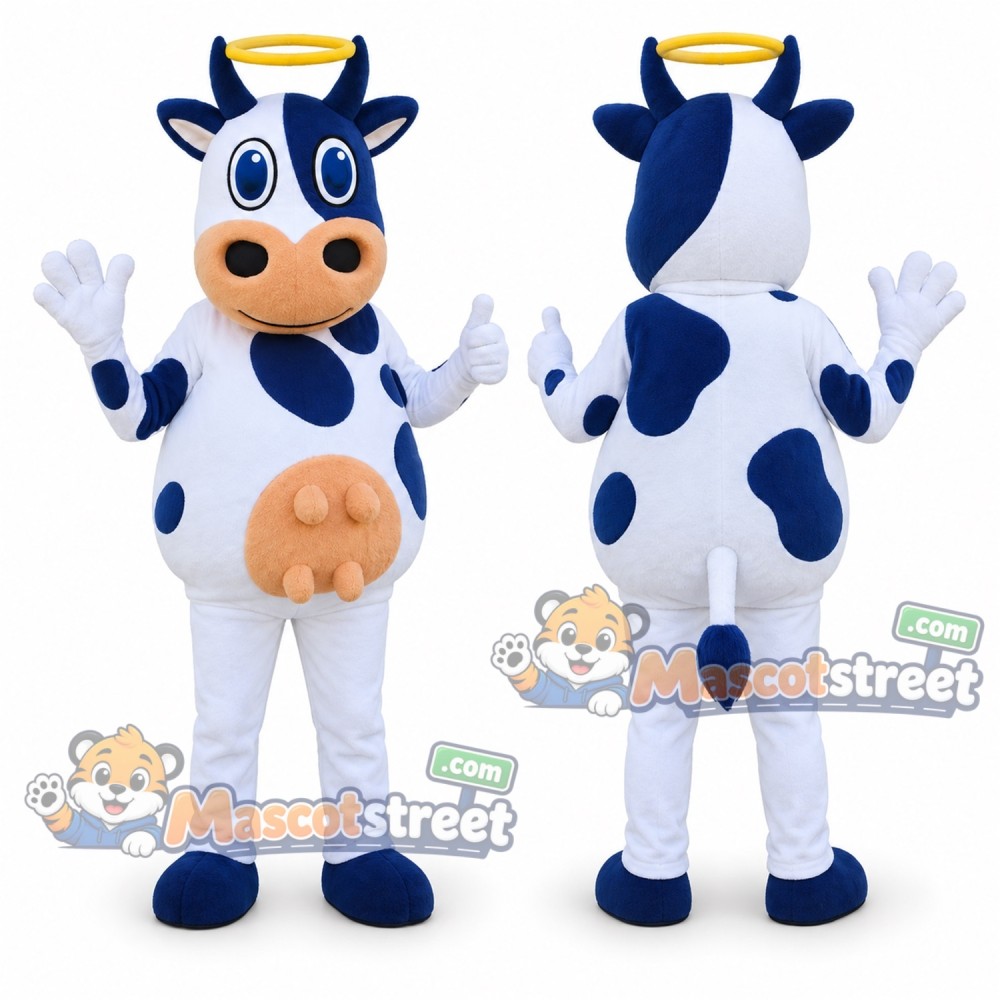 Blue and White Cow Mascot Costume with Yellow Halo