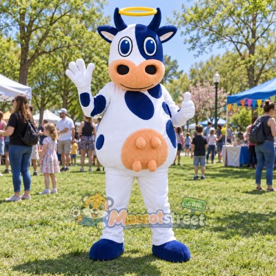 Blue and White Cow Mascot Costume with Yellow Halo