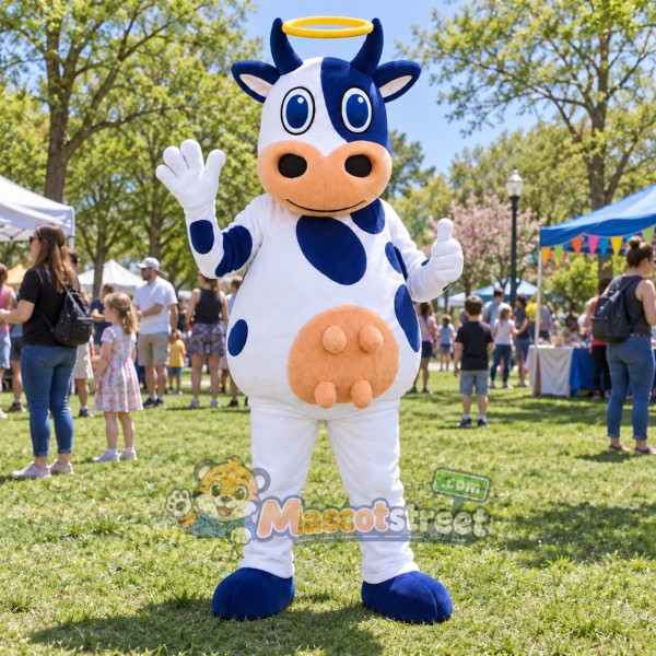 Blue and White Cow Mascot Costume with Yellow Halo