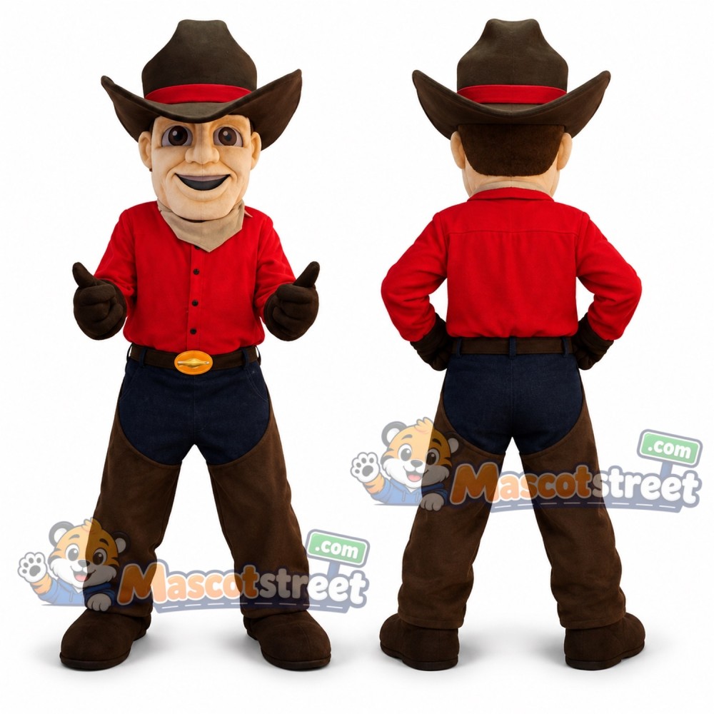 Cowboy Mascot Costume with Red Shirt and Brown Hat Cowboy Mascot Costume with Red Shirt and Brown Hat