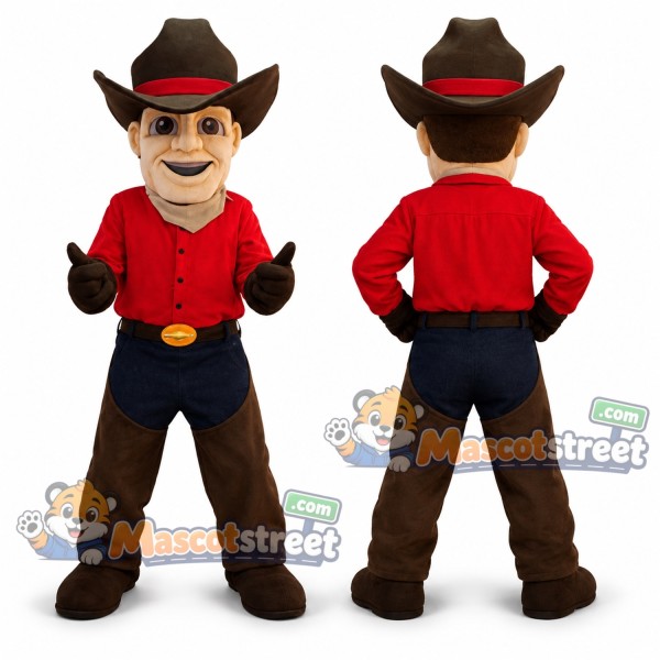 Cowboy Mascot Costume with Red Shirt and Brown Hat