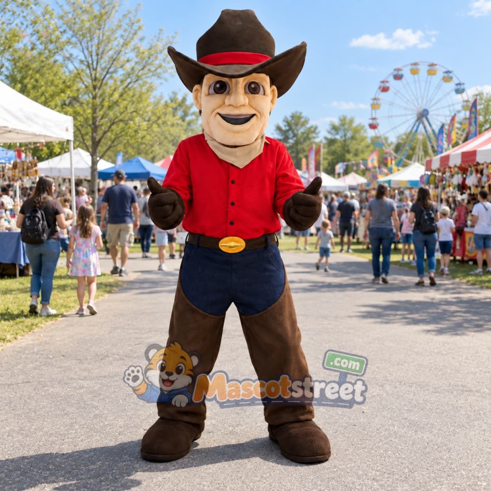 Cowboy Mascot Costume with Red Shirt and Brown Hat Cowboy Mascot Costume with Red Shirt and Brown Hat
