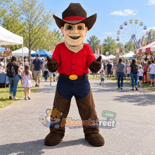 Cowboy Mascot Costume with Red Shirt and Brown Hat