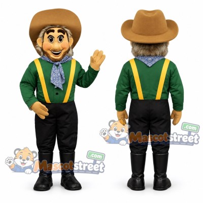 Cowboy Mascot Costume with Green Shirt and Yellow Suspenders Cowboy Mascot Costume with Green Shirt and Yellow Suspenders
