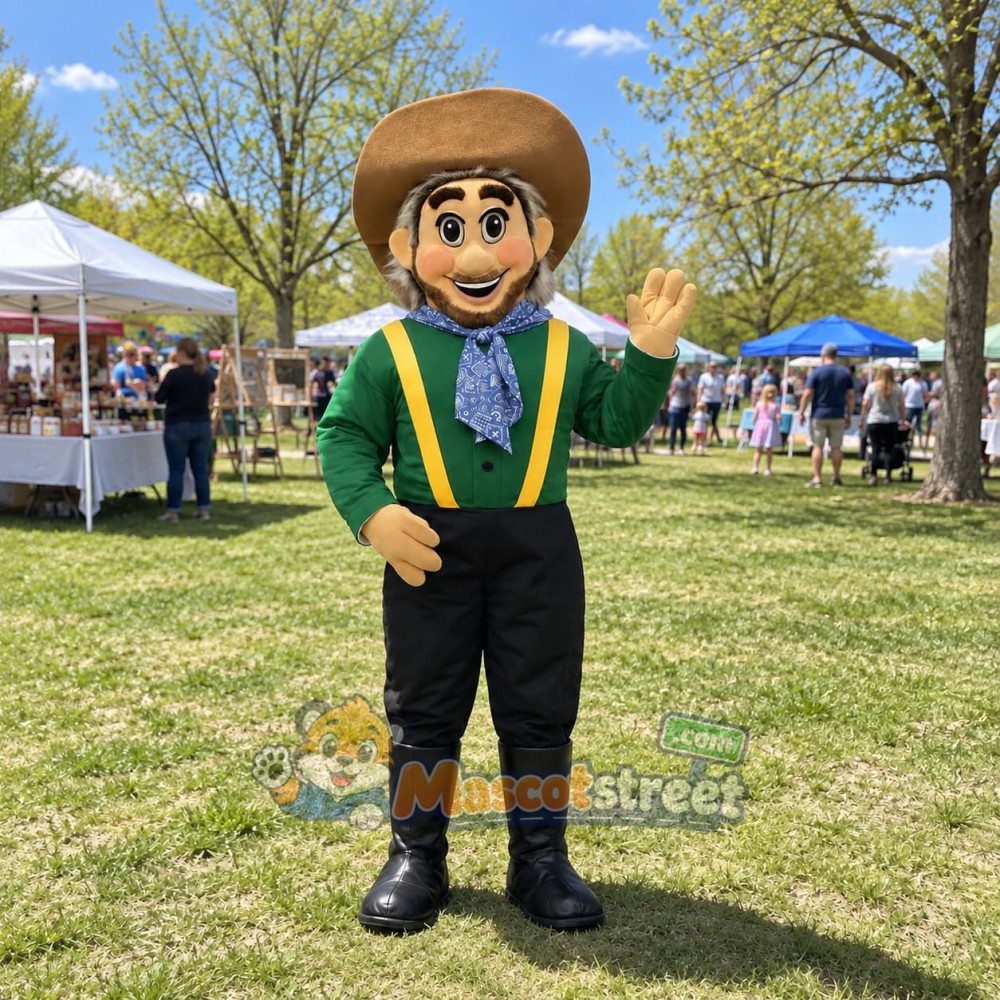 Cowboy Mascot Costume with Green Shirt and Yellow Suspenders Cowboy Mascot Costume with Green Shirt and Yellow Suspenders