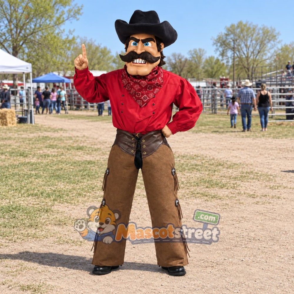 Cowboy Mascot Costume with Red Shirt, Brown Pants and Black Hat Cowboy Mascot Costume with Red Shirt, Brown Pants and Black Hat