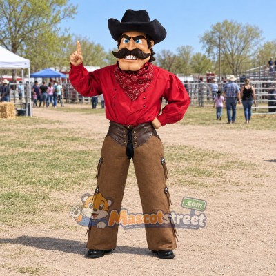 Cowboy Mascot Costume with Red Shirt, Brown Pants and Black Hat Cowboy Mascot Costume with Red Shirt, Brown Pants and Black Hat