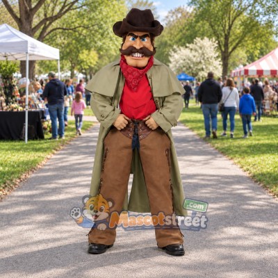 Cowboy Mascot Costume with Tan Duster and Brown Hat