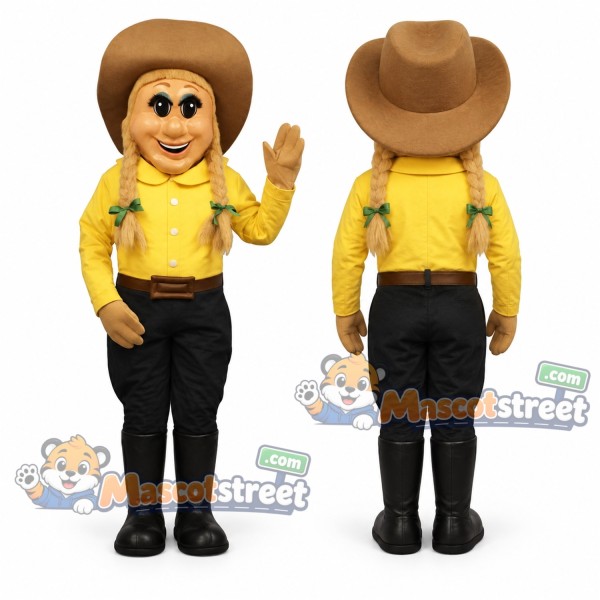 Cowgirl Mascot Costume with Yellow Shirt and Brown Hat
