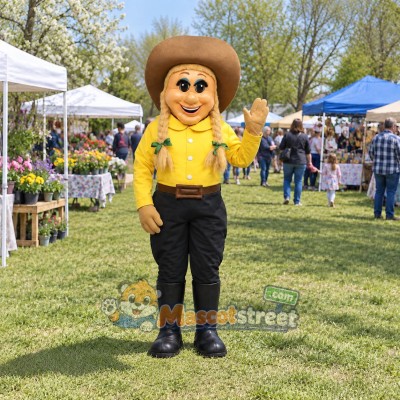 Cowgirl Mascot Costume with Yellow Shirt and Brown Hat
