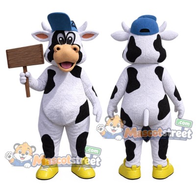 Black and White Cow Mascot Costume with Blue Bowler Hat Black and White Cow Mascot Costume with Blue Bowler Hat