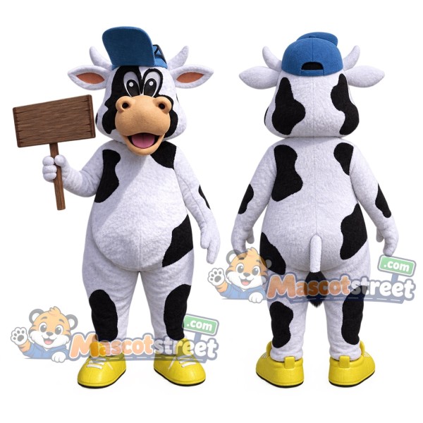 Black and White Cow Mascot Costume with Blue Bowler Hat