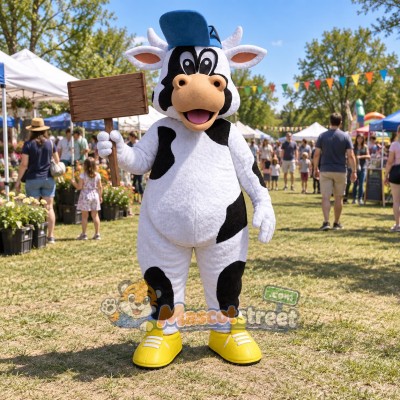 Black and White Cow Mascot Costume with Blue Bowler Hat Black and White Cow Mascot Costume with Blue Bowler Hat