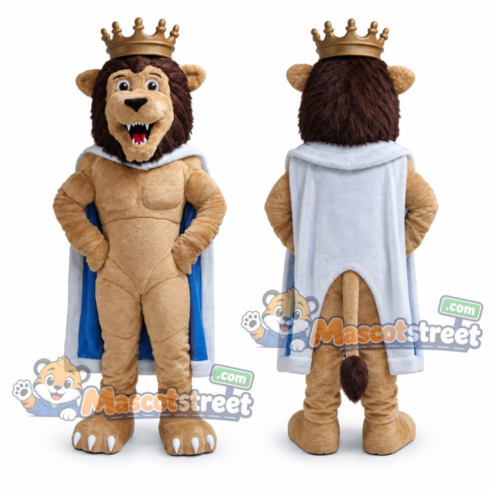 Tan Lion Mascot Costume with Crown and Cape Tan Lion Mascot Costume with Crown and Cape