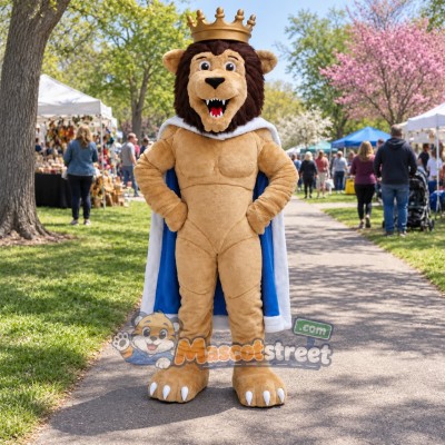 Tan Lion Mascot Costume with Crown and Cape Tan Lion Mascot Costume with Crown and Cape