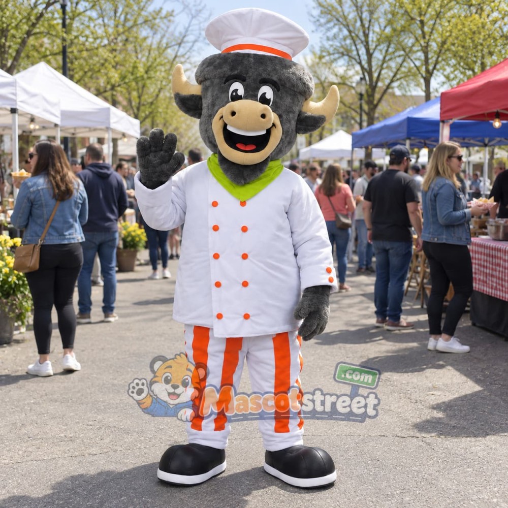 Gray Buffalo Chef Mascot Costume with White Chef Uniform Gray Buffalo Chef Mascot Costume with White Chef Uniform