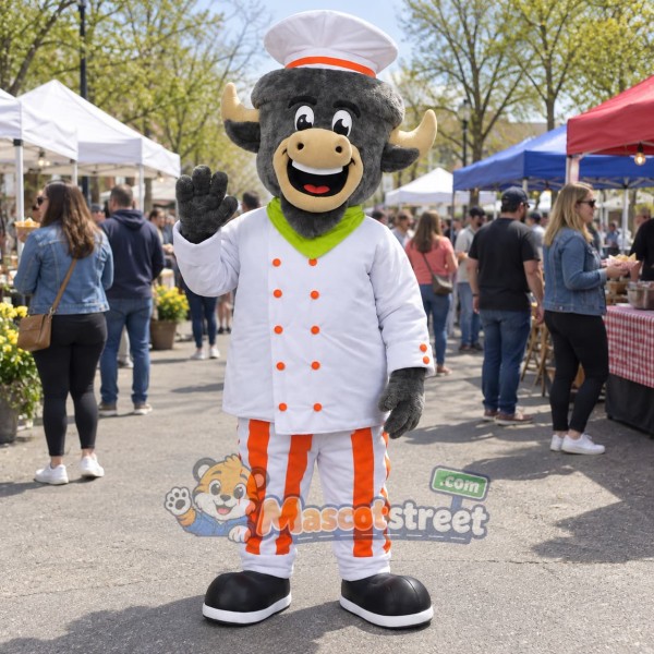 Gray Buffalo Chef Mascot Costume with White Chef Uniform