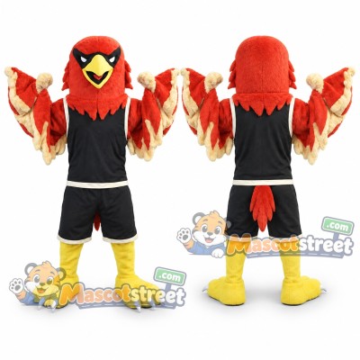 Red Falcon Mascot Costume with Black Sports Uniform Red Falcon Mascot Costume with Black Sports Uniform